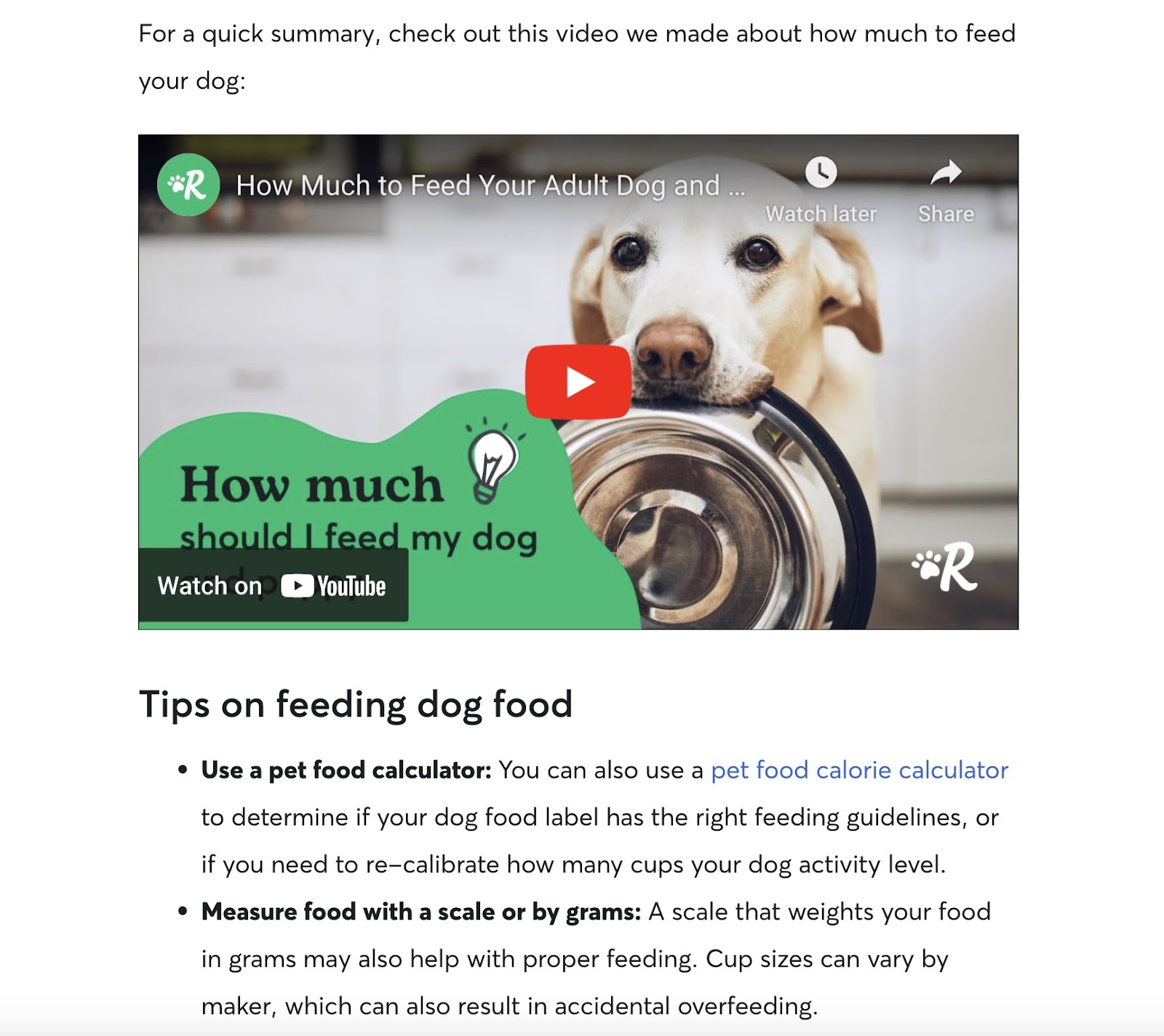Rover’s video on the dog feeding guide, embedded in the article
