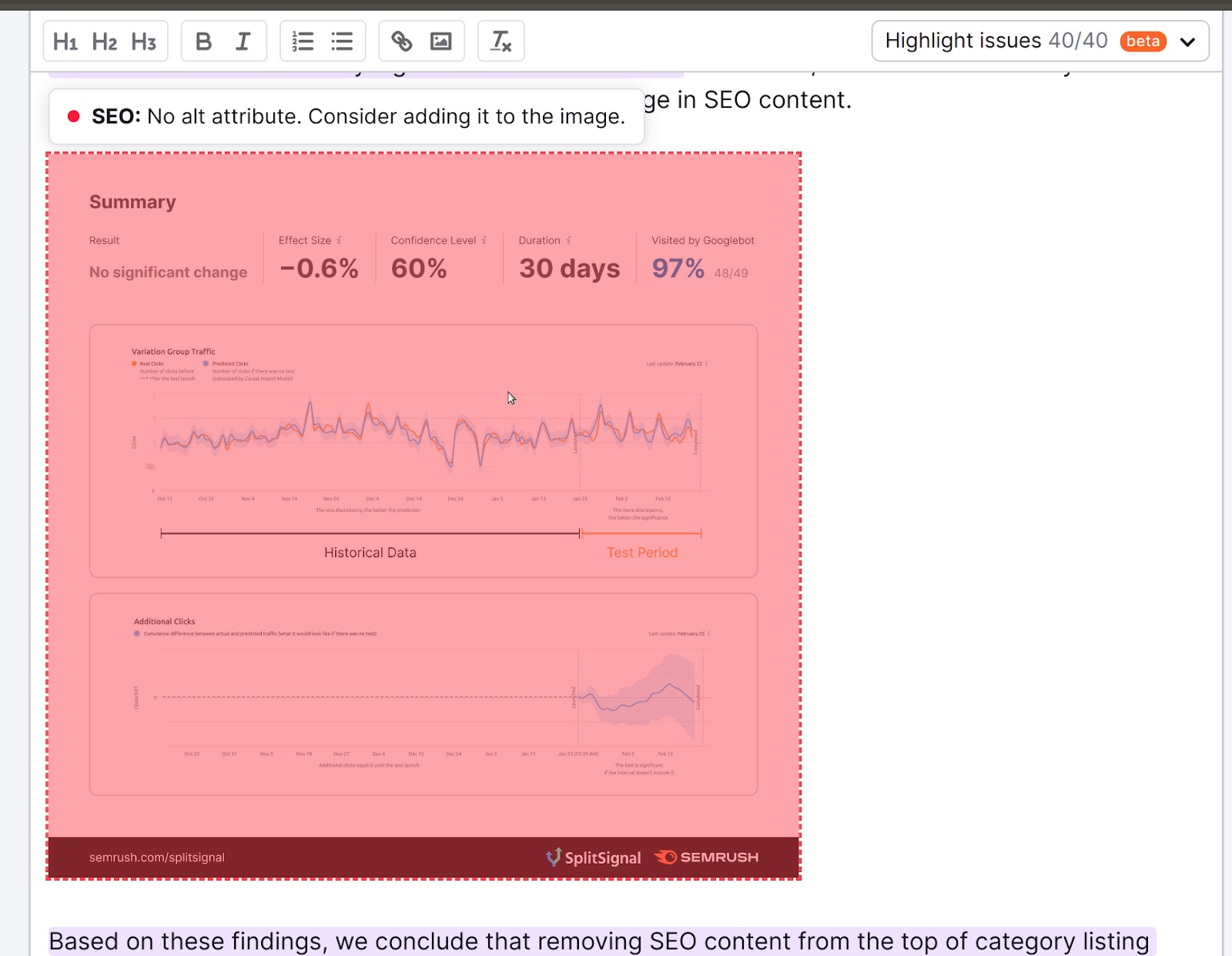 Example of the highlight feature showing a part of the content highlighted in red where the tool has a SEO recommendation. The recommendation reads: 'No alt attribute. Consider adding it to the image'.