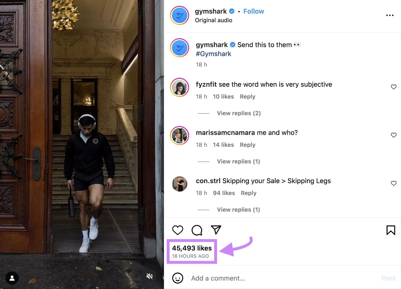 Gymshark's Instagram post with "likes" highlighted