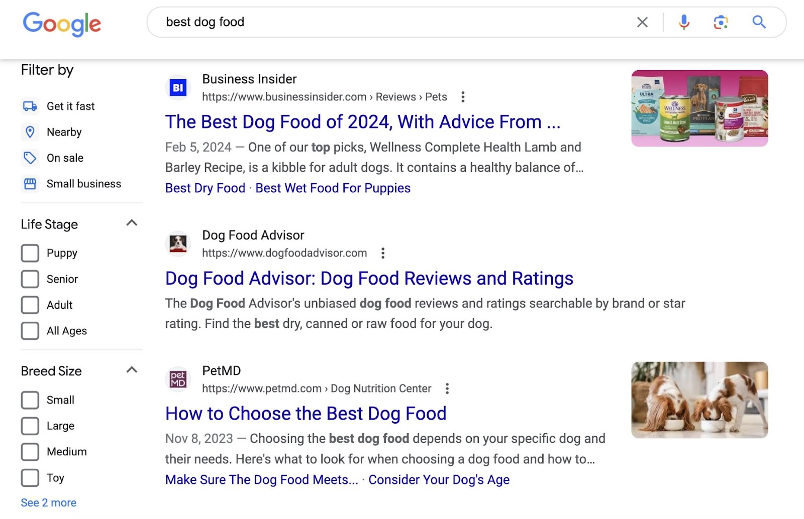 Top section of Google's SERP for the “best dog food” query