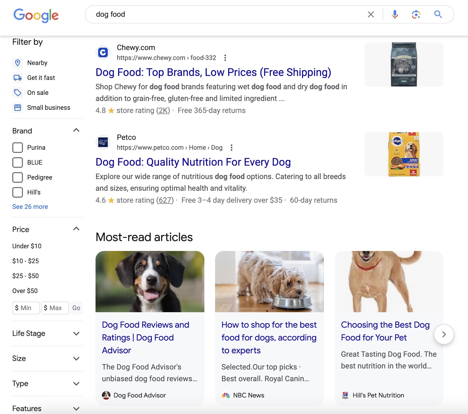 Google's organic search results for "dog food" query
