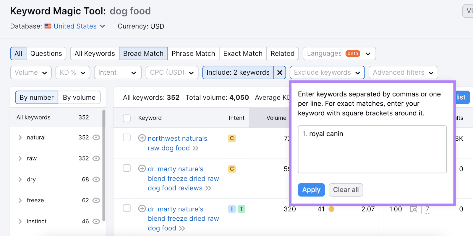 "royal canin" keyword entered under the "Exclude keywords" filter in Keyword Magic Tool