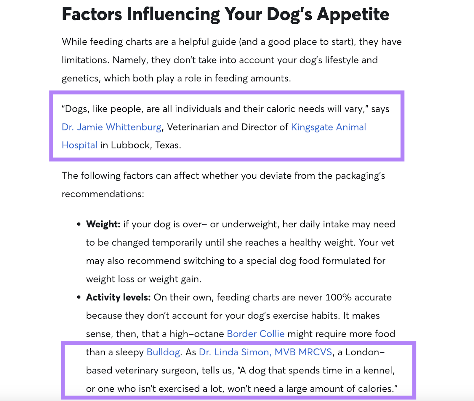 Instances of using a reliable sources in Rover’s dog feeding guide