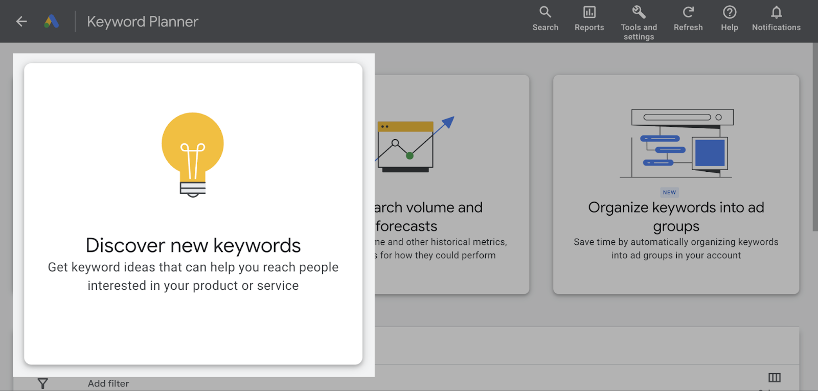 “Discover new keywords” section in Google’s Keyword Planner