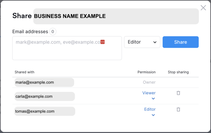 To share locations in Listing Management, click to the “Share locations” window within the tool to assign roles.