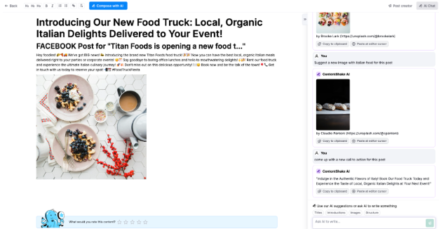 The Chat AI tool allows users to edit and post copy and images.