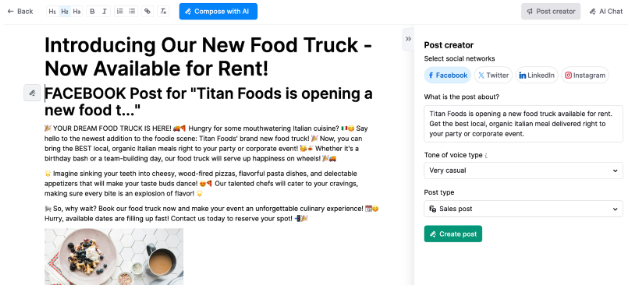 The Post Creator tool allows users to generate more posts with AI.
