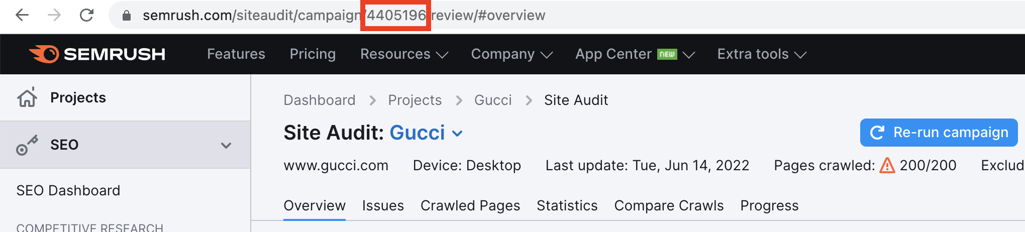 The top of the Site Audit tool inside the Semrush platform. A red rectangle highlights the campaign ID (4405196) in the URL of the page.  