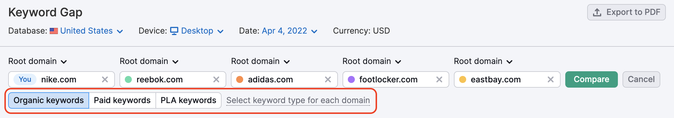 Top of the Keyword Gap report that shows the 3 types of keywords and a note that you can select keyword type for each domain is under the competitors and highlighted with a red rectangle.