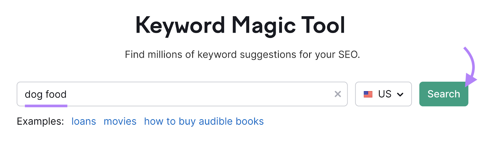 "dog food" entered into the Keyword Magic Tool search bar