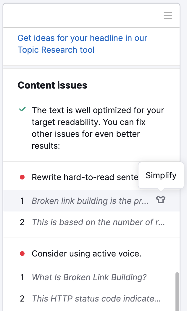 An example of recommendations about content issues.