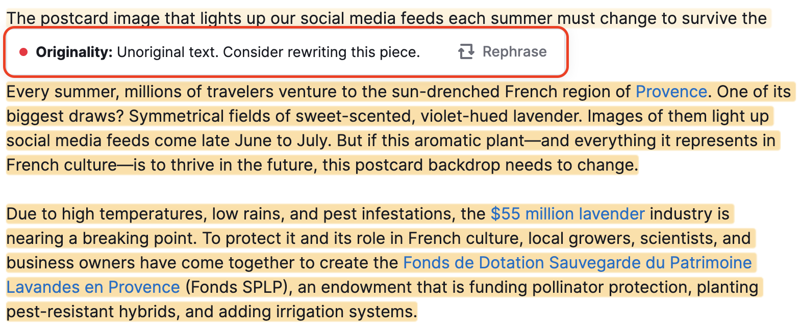 An example of the unoriginal text in SEO Writing Assistant with a pop-up 'Originality: Unoriginal text. Consider Rewriting this piece', and a Rephrase button next to this text highlighted with a red rectangle.  