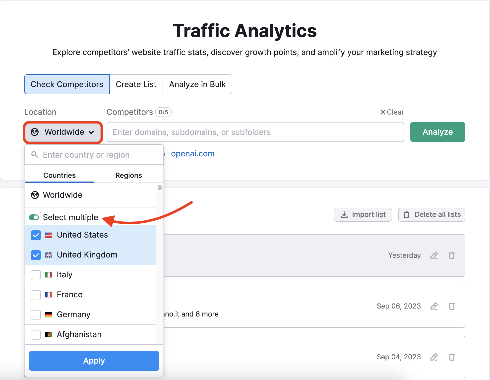 Traffic Analytics starting page with the Location drop down menu highlighted in a red rectangle. A red arrow points to the 'select multiple' toggle with the United States and United Kingdom checkboxes ticked. 